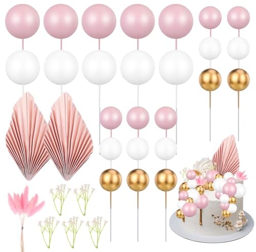 FRIUSATE 40 Pcs Flower Cake Toppers Decorations, Gold Palm Leaves Cake Topper, Ball Cake Insert Decoration For Baby Shower Diy Birthday Party Wedding Valentine's Day