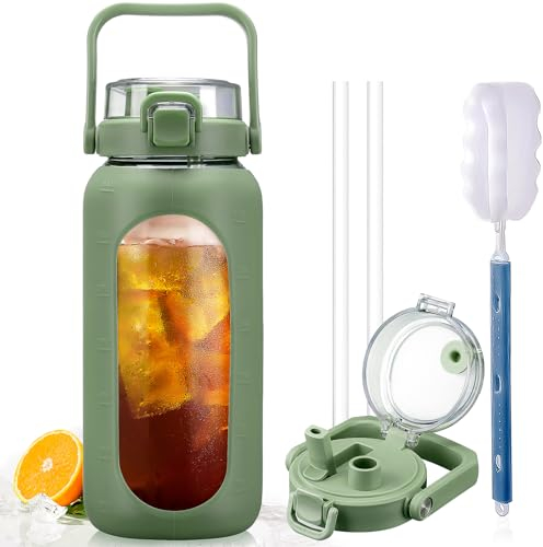 BLUEGO 2L Gourd en verre Avec paille Marqueur de temps Bouteille d'eau Motivation avec manchon en silicone 2 litres Grande carafe d'eau en Verre pour Gym, sports et entraînement,Olive 02