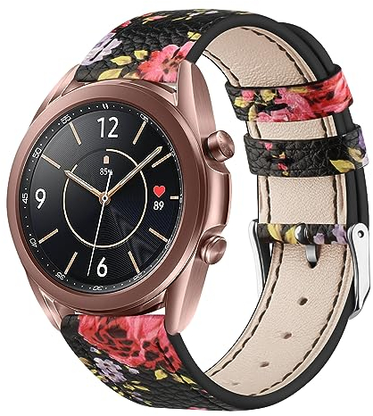 Vancle für Samsung Galaxy Watch 3 41mm Armband Leder Damen Herren,Weiches Atmungsaktives Leder Sport Armband Ersatzarmbänder für Samsung Galaxy Watch 3 Armband 41mm(Schwarze rosa Blume)