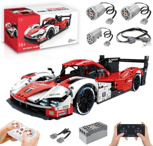 Technik Auto für Porshor 963, Mit Motoren Set, 1:8 Groß Automodell Bausatz, 3460 Teile Klemmbausteine Auto Bausteine MOC Set