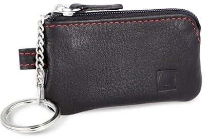 LEDEROW Schlüsseletui Leder Schwarz mit Reißverschluss Damen und Herren - Mini Schlüsselmäppchen klein Schlüsseltasche für Motorradschlüssel, Wohnungsschlüssel Schlüssel (Schwarz-Rot)