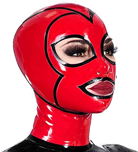 ZOUTYI Sexy Latex Haube Gummi Maske Fetisch Schwarz Mit Roten Handgemachten Offenen Augen Mund Halloween Cosplay Kostüme Für Männer Frauen