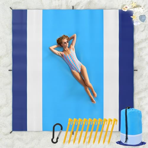 MoKo Stranddecke, 300 x 300cm Tragbare Sandfeste Picknickdecke für Erwachsene mit 10 Stangen, Schnell Trocknende Reisedecke für Reisen, Camping, Strandurlaub, Hellblau&Weiß&Dunkelblau