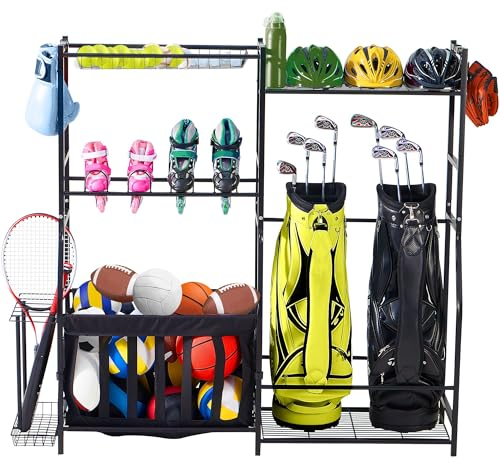 LUGO Garage Sports Equipment Organizer – Heavy-Duty Steel Storage Rack with Baskets, Hooks & Shelves – Golf Bag Stand, Ball Holder & Bat Rack for Garage, Home & Outdoor Sports Gear