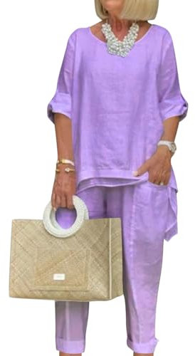 shownicer Tuta Donna Completa Curvy Tuta Elegante Estiva Leggera Due Pezzi Manica Lunga Tops + Pantaloni Lino Set Larghi Taglie Forti Completo Tuta Streetwear F Viola 3XL