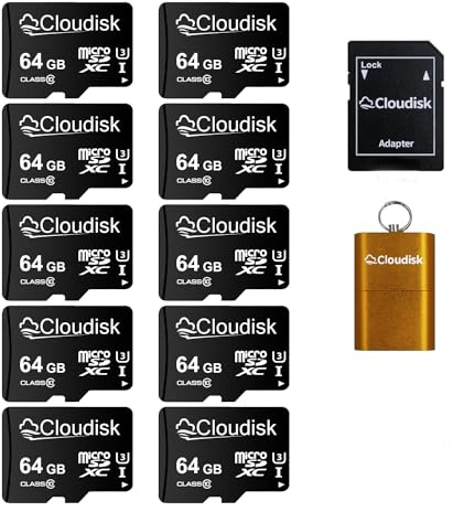 Cloudisk Lot de 10 Cartes Micro SD 64 Go Flash C10 A2 U3 Micro SDXC avec Adaptateur SD, Lecteur de Cartes