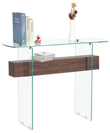JEFFORDOUTLET Console Table, Tempered Glass Hallway Slim Sofa Table with Storage Shelf, Modern Entryway Table for Living Room, Hallway, Bedroom