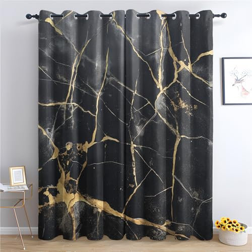 Generisch Abstrakt Marmoriert Vorhang, Schwarz Gold Gardinen mit Ösen 2er Set Verdunkelungsvorhang, Marmoriert Vorhänge, Wohnzimmer Schlafzimmer Kinderzimmer Blickdichte vorhänge, 300x280 cm oi2&-73