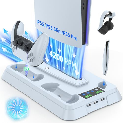 Lictin PS5/PS5 Pro/PS5 Slim Stand Cooling Station with 3 Levels Cooling Fan, 3-Hour Fast Charge for PS5 Controllers, 3 USB Hubs, Headphone Holder, Fits 2020/2023 PS5 Standard/Digital Editions