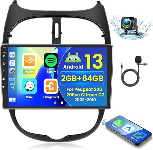 Hikity 2+64GB Android 15 Autoradio für Peugeot 206 206cc Citroen C2 2002-2010 Radio Wireless Carplay Android Auto, 9 Inch IPS Touch Screen Radio mit Rückfahrkamera,Bluetooth,Navi,WiFi,DSP