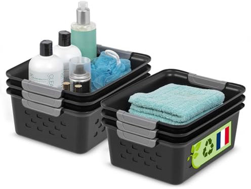 Iris Ohyama, 6er-Set 5L, aufbewahrungskörbe aus Kunststoff, Vielseitige Ordnungsbox, Stapelbar & platzsparend, Nachhaltige Organisation, BPA-frei, Körbe & Behälter für Bad & Küche, Schwarz, OSB-S