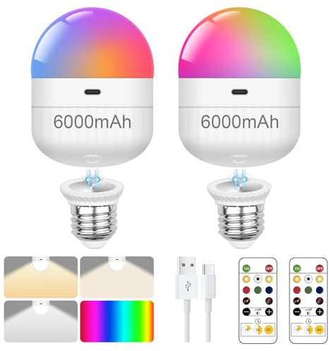 2 Packs USB Rechargeable Light Bulb with Remote, Dimmable 5W Magnetic Battery Operated Bulbs Timer and 3 Color Temperatures, Charging LED Bulb for Non Hardwired Lamps, Wall Sconce,2 Pcs