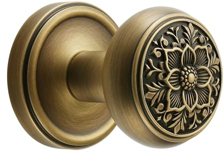 FLIRABBIT Antique Brass Dummy Door Knob, Ornate Floral | Non-Turning Decorative Handles for French Doors, Closets and Pantries