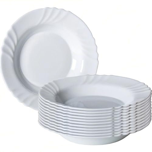 Sicignano | Piatto Ebro Ø23 cm Bianco con Decoro Bordo, Set 12pz, Vetro Opale Temperato | Design Elegante, Adatto per Antipasti, Secondi Piatti e Contorni | Adatto al Microonde, Stile Shabby Chic