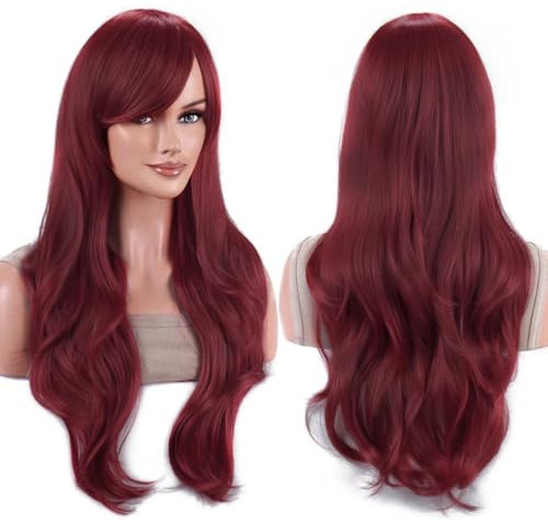 IMISSU 70cm de pelo largo pelucas onduladas de agua con flequillo peluca de disfraz de cosplay (Borgoña)