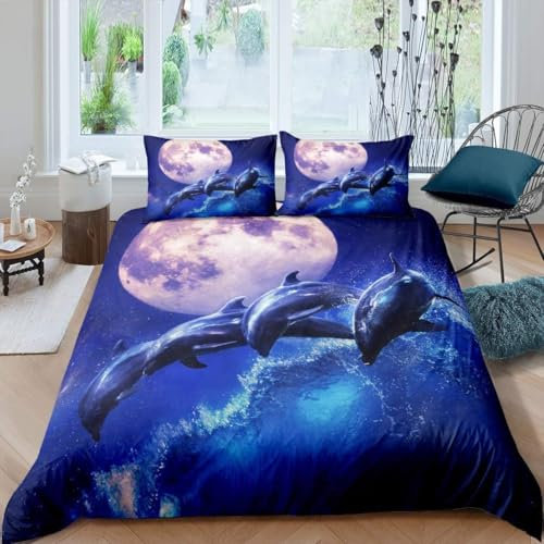BJCJGGL Bettwäsche 135x200 Blauer Delphin Bettwäsche-Set mit Reißverschluss Schließung und 2 Kopfkissenbezug 80x80 cm - Weicher Atmungsaktive Mikrofaser Bettbezug für Kinder Mädchen
