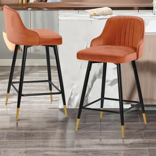 Bekrvio 65CM Bar Seats Set of 2, Modern Velvet Swivel Bar Stools with Arms, Backs, Metal Footrest for Kitchen Counter Island Dining Room, Support 150KG,Orange