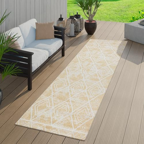 TT Home Teppich Outdoor Gelb Balkon Terrasse Rauten Design Ethno Look Skandi Wetterfest, Größe:80x150 cm