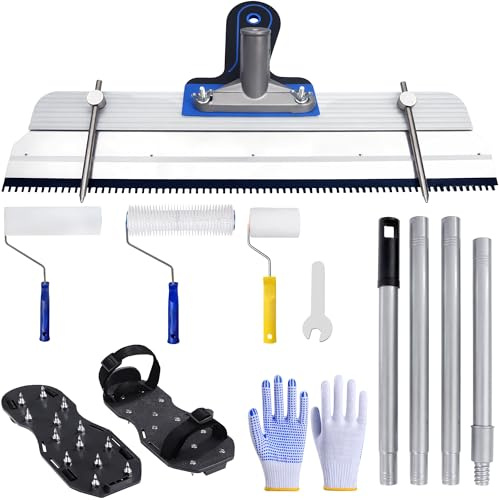 AURIXUS Self-Leveling Cement & Epoxy Floor Tool Kit – Rake, 9” Spike Rollers, 4” Paint Roller, Spiked Shoes, Extension Pole, Gloves & Accessories