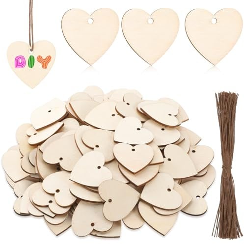 cobee 100 Stück Holzherzen zum Beschriften, 3cm Holzherzen Scheiben Herzdekoration Holz DIY Handwerk mit Jute Schnur Für Hochzeit Party Jubiläum Geschenkanhänger Basteln