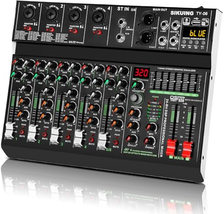 SIKUING 6 Channel Professional Portable Audio Mixer,320 DSP Effects+7-Band Equalizer,Bluetooth Sound Card+48V Phantom Power,USB Interface,for PC Recording,Karaoke Studio Effects,and Streaming Playback