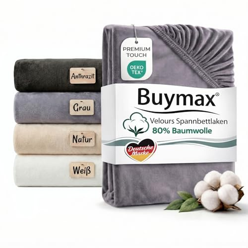 Premium Baumwoll Velours Spannbettlaken 90x200 cm–100×200 cm Anthrazit-grau – Kurzflor Samtig Weich, Cashmere Touch – 80% Baumwolle / 20% Polyester – Für Matratzen bis 25 cm Höhe
