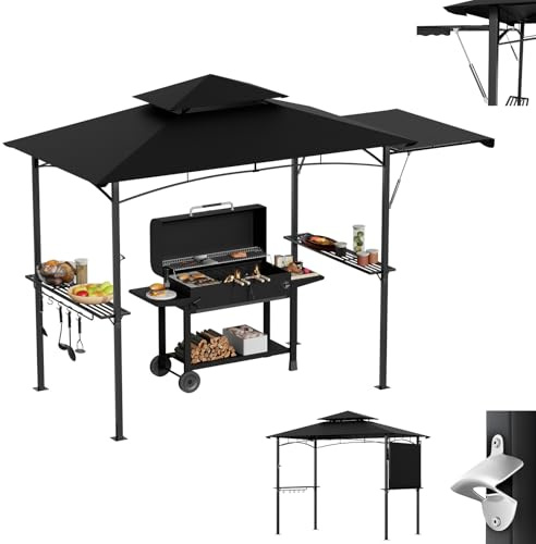 LZQ Grillpavillon mit Seitenmarkise Doppeldach BBQ Pavillon Grillüberdachung mit Ablagen Haken Flaschenöffner wetterfest Grillzelt Gartenpavillon Grillunterstand mit Hydraulikstange, Schwarz