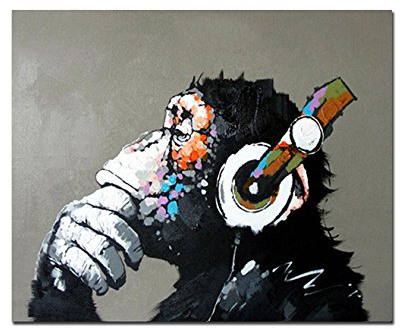 Fokenzary Handgemaltes Ölgemälde auf Leinwand Pop Art Putziger Schimpanse hört Musik mit Kopfhörer mit Rahmen Fertig zum Aufhängen 20x24in