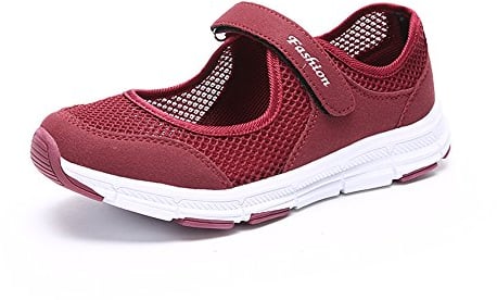 Damen Outdoor Fitnessschuhe Atmungsaktive Mesh Schuhe Sport Slipper mit Klettverschluss, Rot, 42 EU