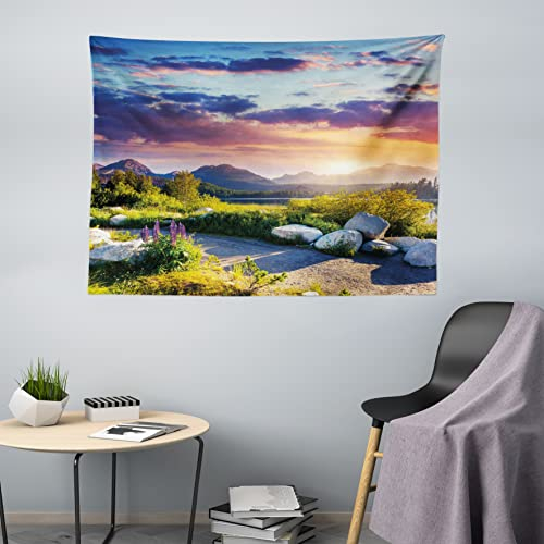ABAKUHAUS Natur Wandteppich, Idyllischer Himmel Europa Park, Wohnzimmer Schlafzimmer Heim Seidiges Satin Wandteppich, 200 x 150 cm, Farngrün Lila Blau