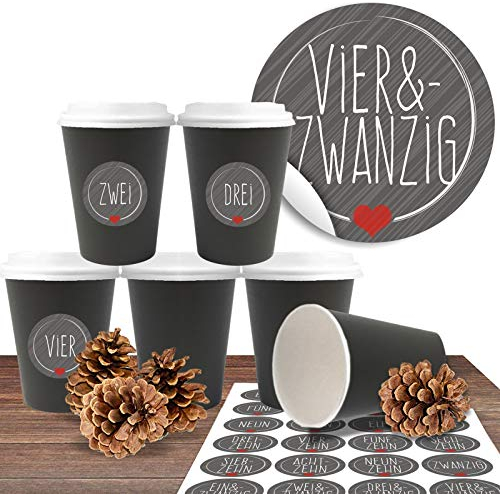 Adventskalender zum befüllen und basteln mit 24 Coffee-to-Go-Bechern (100% biologisch abbaubar) „Premium Schwarz“ inkl. 24 Zahlenaufkleber „Schick und Grau“