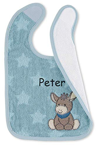 Sterntaler Lätzchen mit Namen bestickt, Baby & Kleinkind Spucktuch, Klettlätzchen Halstuch/Babylätzchen personalisiert (Esel Emmi Mittelblau wasserundurchlässig)