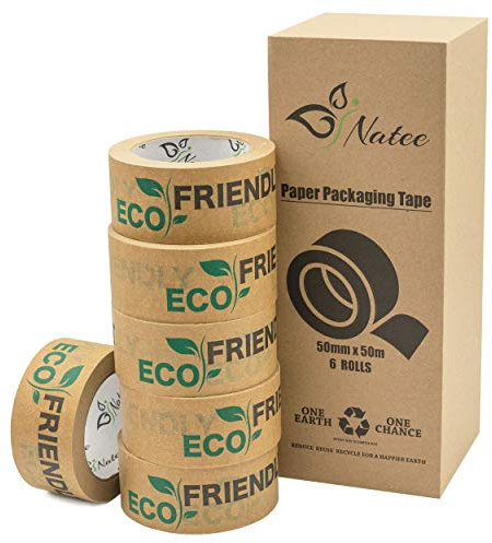 NATEE - Nastro di carta per imballaggio, completamente riciclabile, in carta kraft stampata ecologica per imballaggi e scatole, confezione di carta marrone per traslochi, larghezza 50 mm, 6 pezzi
