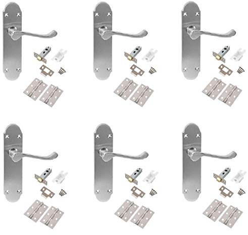 Jiyo.Outdoor Epsom Design Scroll Shaped Door Handles in Brushed Satin Chrome with Hinges & Latches - 6 Sets