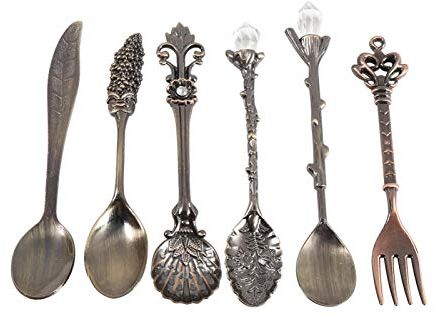 Alvinlite Flatware Retro Vintage Coffee Spoon Sugar Spoon Dessert Spoon Royal Style Tea Spoon Ice Cream Spoon Dinnerware 6PCS(Antique Brass)