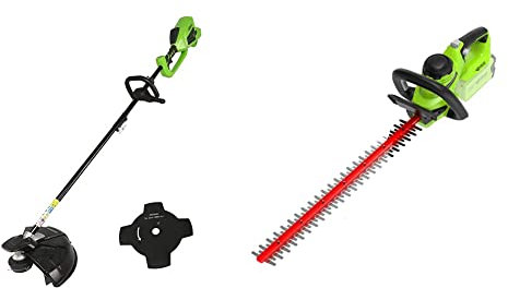 Greenworks Tools Tagliabordi A Batteria E Sense 2In1 Gd40Bc, Li-Ion 40V 40Cm/25Cm Larghezza Di Taglio 2Mm Filo & Tagliasiepi A Batteria G40Ht Li-Ion 40 V, 61 Cm Lunghezza Lama, 27 Mm Distanza Lama