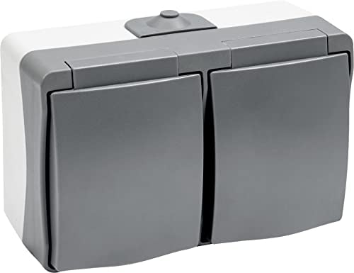 Meister Steckdose Cave 2-fach waagerecht - Aufputz-Montage - IP44 Spritzwasserschutz für Feuchtraum - Bis Leitungsquerschnitt 2,5 mm² - Grau / Feuchtraum-Steckdose / Aufputz-Steckdose / 7407020