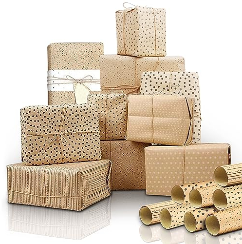 Geschenkpapier 8 Rolle, Kraftpapier Rolle Recyclingpapier, Geschenkpapier Rollen Geburtstag Männer Frauen, Kraftpapier für Valentinstag Weihnachten Kinder Modern Edel Natur Braun (50×70cm 8 Rollen B)