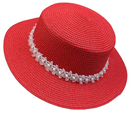 JK Home Pliable Chapeau de Soleil Femme Panama en Paille Capeline Large Bord avec Ruban Mariage Plage Rouge