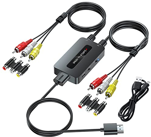 Convertisseur double port RCA vers HDMI – Rapport d'aspect 4:3 et 16:9 Commutateur de sortie, deux ports CVBS composite AV vers HDMI pour appareils avec sortie RCA à afficher sur les téléviseurs HD