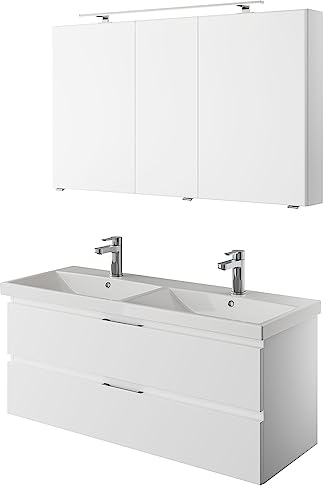 Lomadox Badmöbel Set mit Doppelwaschtisch und Spiegelschrank in weiß Glanz, B/H/T ca. 120/200/45 cm