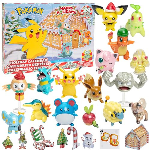 Pokémon Holiday Adventskalender Spielset für Kinder – 24-teiliges Weihnachtsgeschenk-Set – Charakterfiguren enthalten Pikachu, Eevee, Charmander & mehr! – 16 Pokemon Spielzeuge & 8 Zubehörteile – für
