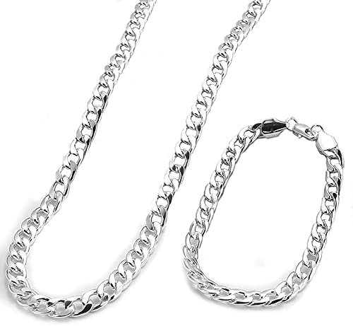 Fewlew Gold/Silver Chain Set - Curb Necklace and Bracelet, Cuban Link, Hip Hop Style for Men (Silver)