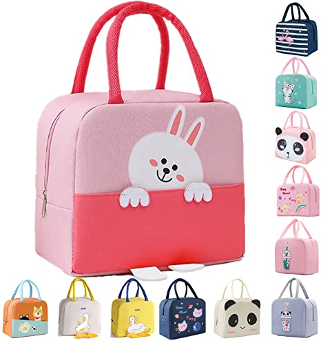 WUWYOUWL Bolsa de almuerzo, encantadora bolsa de almuerzo reutilizable con enfriador de cartón, bolsa de almuerzo plegable térmica e impermeable para mujeres y niños (Conejo rosa)