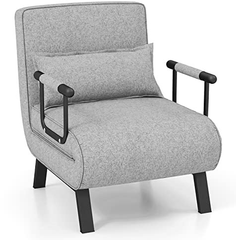 COSTWAY Sofá Cama Convertible, Silla de Dormir Individual Tri-Fold con Respaldo Ajustable de 6 Posiciones, Cojín Desmontable y Asiento Tapizado, Estructura Metálica Plegable para Hogar (Gris Azulado)