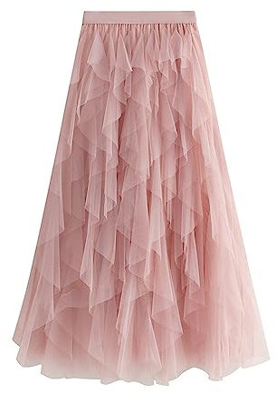 Jemsia Gonna midi in tulle a trapezio elastica a vita alta irregolare a strati in rete per balletto ballo di fine anno festa di nozze gonna taglia unica, rosa, Taglia unica