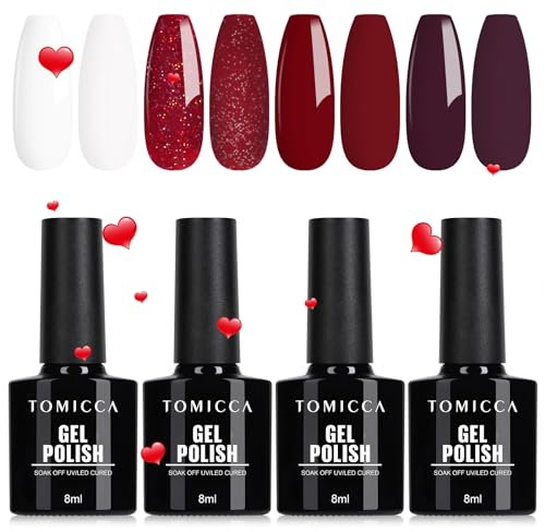 TOMICCA Gel Nail Polish Set- Red Glitter White Gel Polish Red Nail Gel Set UV Nail Gel Polish Set Home Salon DIY Dark Red Gel Nail Polishes Mothers Day Gifts for Women 4PCS