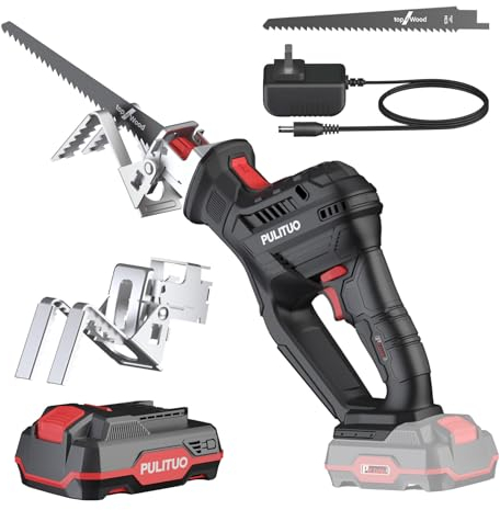 Säbelsäge, PULITUO 20V Akku Säbelsäge Kompakte Bauweise mit 2000mAh Batterien, Variabler Drehzahl von 0-3000 RPM Akku-Reciprosäge, Sägeblätter, LED Licht, Ideal zum Schneiden von Holz und Metall