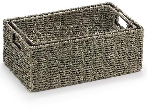 Woodluv Storage Baskets set of 2, Paper Rope Storage Boxes Bin Organiser Divider for Cupboards Drawer Closet Shelf,Wicker Woven Basket, Dark Green