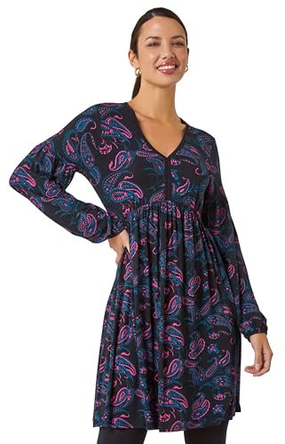 Roman Stretch Jersey Dress for Women UK - Ladies Gathered Waist A Line Swing Skater Fit & Flare A Line Winter Autumn Knee Length V-Neck Casual Smart Cocktail Party Going Out - Black - Size 16